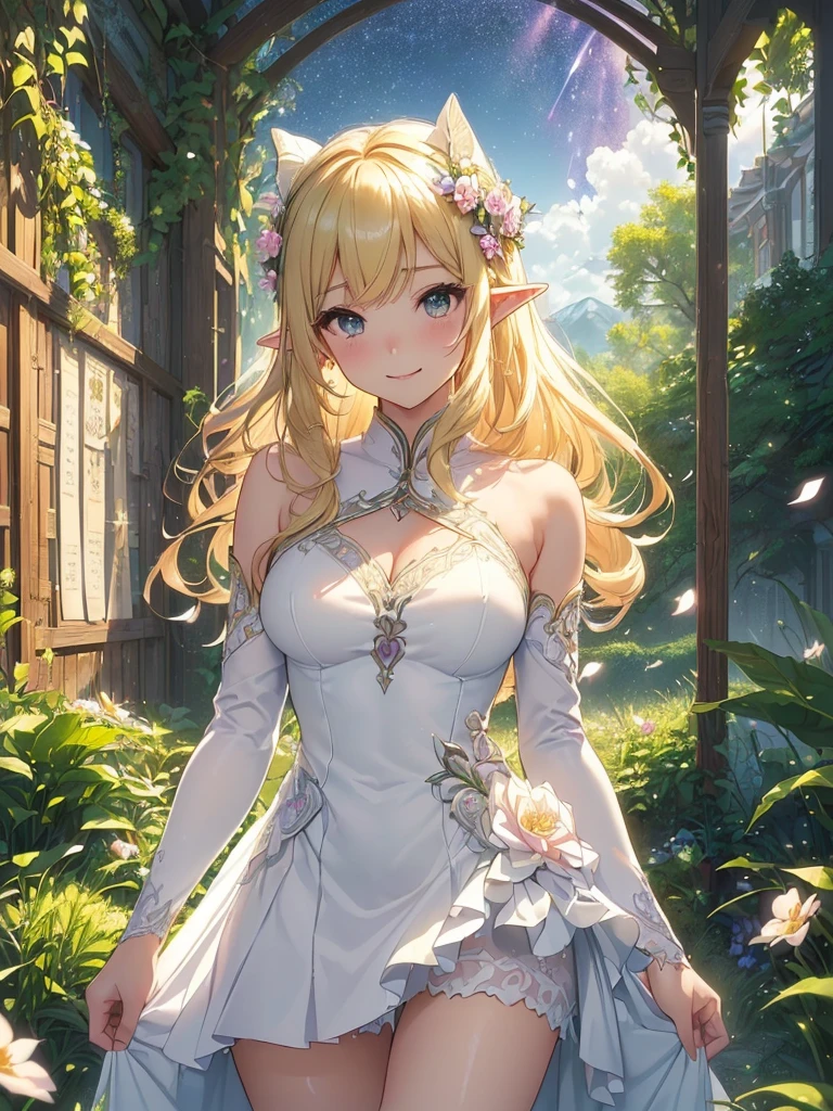 最high quality、Best image quality、masterpiece、Beautiful Face、、Titania、intense dance、Dynamic Movement、both hands、stretching both legs、ballet、Super beautiful elf girl((22 year old office lady big bust、Bust 90,Beautiful long ironed hair、blonde、height: 165cm。thin、Beautiful dress、cowboy shot,、Esbian、spring、、Milky Way、starrynight.high quality、美しいart、、Pieces fly、ビジュアルart、Depth of written border、、Elf Ears、、Happy smile、穏やかなLight、beautiful forest、Green leaves、spring、landscape、hill、青null、Distant Mountain、elegant、ticker beautiful decorative、、、mystery的な、、Light、 null、art、Lord of the Ring、壮観なlandscape、sexy、A friendly smile、wonderful、Fluttering petals、Flower Field、nature、宇宙のmagic、magicのLight、Fantasy、super REALITYa lotの薔薇、magic、Grow Fantasy、、mysteryのLight、Art Nouveau、Alphonse a lot、、art、art,mystery,UHD,magicalgentle light,sexy