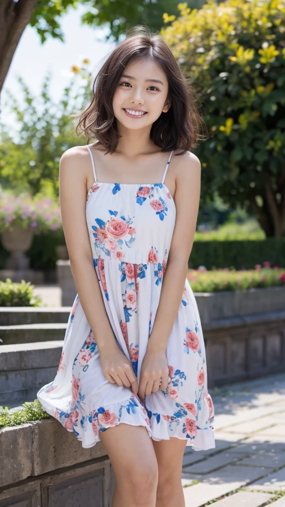 masterpiece, highest quality, disorganized, perfect anatomy, 1 girl, alone, pascal tales, short hair, beautiful, Hilarious, sunny day, botanical garden, Summer winds, sundress, Floral, wavy hair, smile