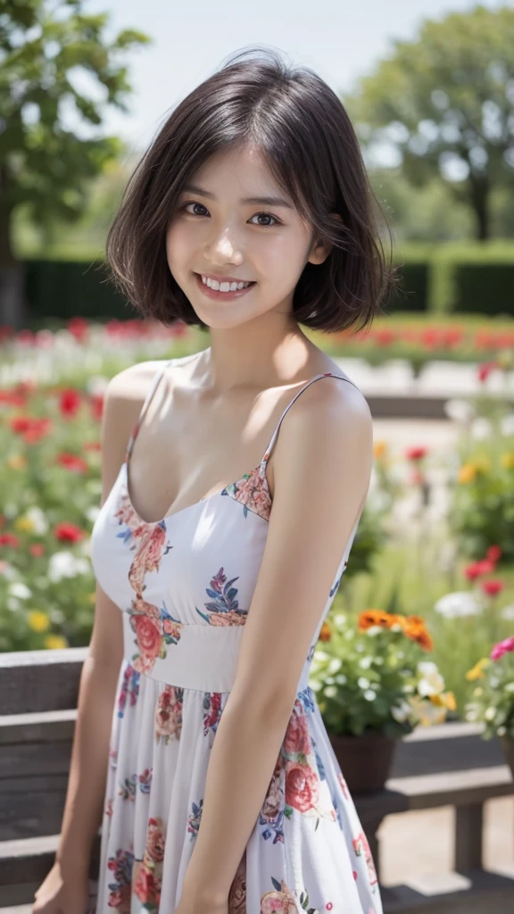 masterpiece, highest quality, disorganized, perfect anatomy, 1 girl, alone, pascal tales, short hair, beautiful, Hilarious, sunny day, botanical garden, Summer winds, sundress, Floral, wavy hair, smile