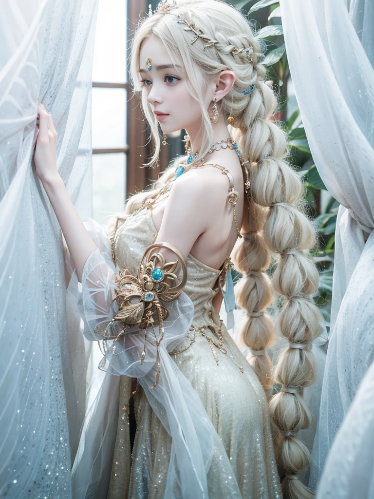 An elegant elf girl standing on the grassland, A delicate face illuminated by the soft light of the setting sun. Her long, Flowing hair running down her back, Decorated with intricate braids、Adorned with sparkling jewels. This great photo is、、、It captures the mysterious beauty of elves.. Slender figure wearing a silk dress、Swaying in the soft grassland breeze. Attention to detail、Face、Face、Face、Face、This is evident in the intricate pattern of the dress and the subtle highlights of the light.. skin. A breathtaking depiction of an elf girl、、、、、Create an enchanting atmosphere、Invite the viewer into a magical world.