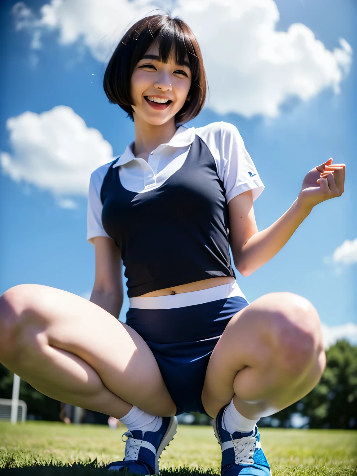 ((8k、32k、RAW Photos、highest quality、masterpiece:1.3))、((Realistic、Photorealistic:1.38))、Very detailed、Solo photo、Beautiful mature woman、Age: 30、Born in the 1980s、cute、Looking for makeup、Leave the face as it is、((Under the blue sky:1.3))、((On the grass:1))、((Spread your legs for the audience))、((Do not cover your crotch with both hands:1.5))、(stick out'chest:1.8)、((Posture as if straddling a Japanese-style toilet))、((Squats with M-shaped legs:1.3))、((sensational provocative pose:1.25))、頭のblackい毛、(Virgin genitals fully visible to the audience:1)、((露出したchest:1.26))、((chestのサイズはGカップです:1))、Lewd smile、(Red nose)、((Laughter:1.25))、(Photon Mapping)、Professional Lighting、Light the subject from the front、Sony a7R4、Zesse 50mm F1.8、Beautiful details in the eyes、((Tennis wear like a volleyball player'Thin fabric uniforms,yellow,black,White,blue、Transparent stocking-like fabric))、(Short Bob Hair:1.35)、(floating hair:1.67)、Fluffy hair、