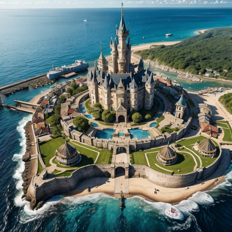 The Merrin Kingdom is a unique empire that spans across both the sea and land. It boasts an impressive castle and palace area constructed of sandstone, coral, and gemstones. The Kingdom is known for its huge ship building industry, and huge ship dock. The kingdom is built half on land, and half on the sea. It is luxurious and a sight to behold. It is a medieval and fantasy palace. This is a pirate kingdom. Ships are docked as far as the eye can see. The palace is on land but the rest of the empire leads into the salty sea.