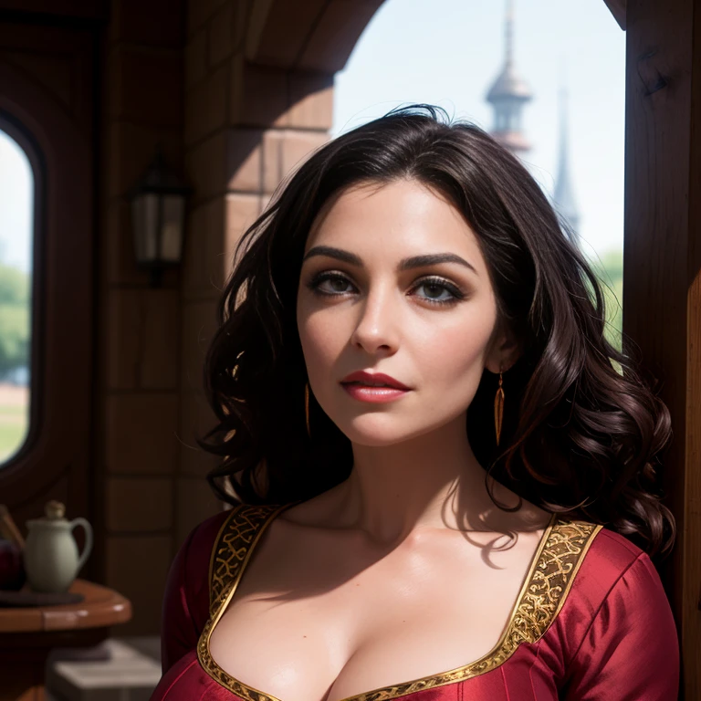 Masterpiece, best quality, detailed face, Mother Gothel, long red dress, brown hair, looking at viewer, sexy smirk, in a tower, close up