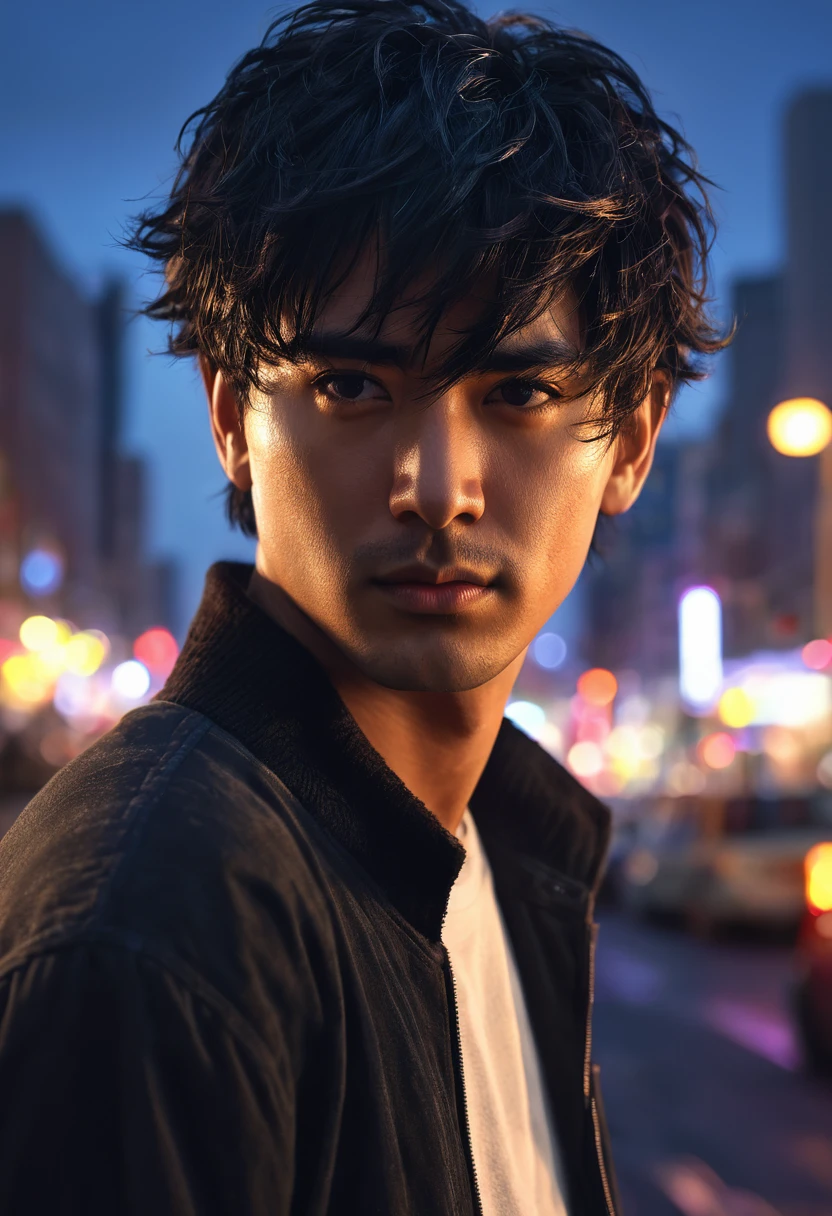 1man,masterpiece,best quality, ultra high res, dusk,cityscape,depth of field, short black messy hair, solo male