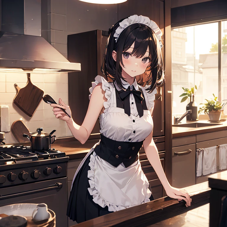 A group of maids, (in kitchen), various hair styles, harem, wearing maid uniform, night, details face, , short skirt, seducing, sleeveless , night, starry night
