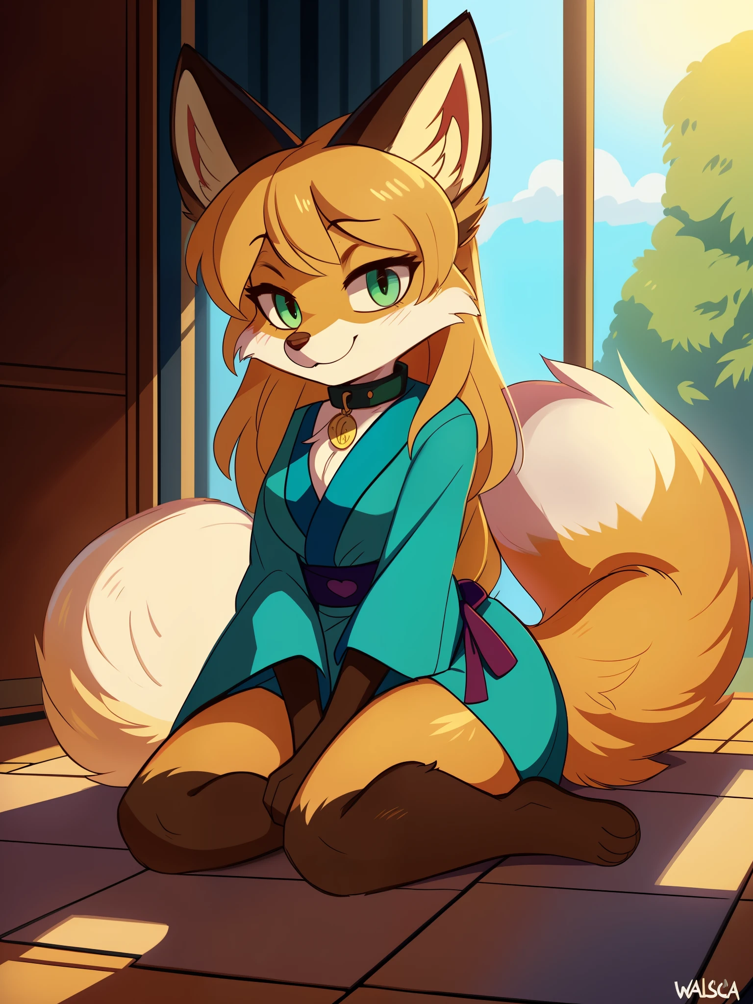 Nervous smiling, uploaded the e621, beautiful and detailed, woman (((female))) ((anthro)) Fox, (Averi, Fox girl), by waspsalad, by phluks, by zero-sum, cinematic lighting, Fox, (anthro, fluffy fur, character focus:1.1), 1girl, anthro fox girl, body fur, curvy, sexy, nice, cute, hot, comfortable anime-style cartoon-style, digital drawing, collar, (half-closed eyes), green eyes, bent over, light blue battle kimono sitting down on the ground leg is up in the air tell Bean see toe beans