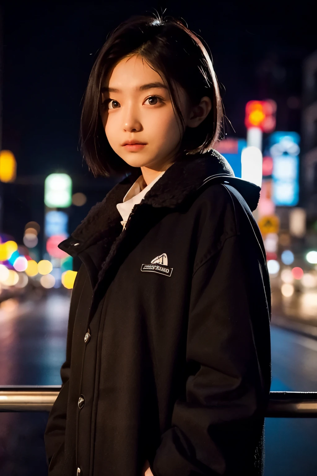 Realistic, 8k, Beautiful woman, Attractive look, Clear system, short hair, 20-year-old, Tokyo, winter, Shibuya in the background