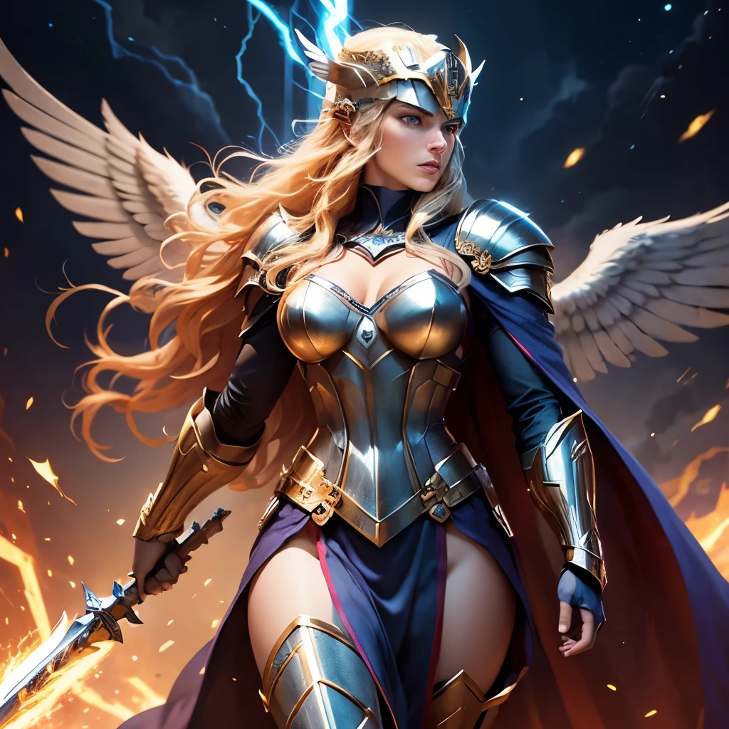 digital illustration of Thundra, the Asgardian hero, standing confidently in her deep blue/purple armor with gold trim inspired by Jack Kirby's designs. blonde hair. Capture the essence of her power as she commands thunder and lightning, with her cape resembling a star field. Include the (((Norse helm with gold wings))) and showcase her right hand covered in a heavy armored glove. cosmic background. deep v neck. stern expression, (best quality), (masterpiece), realistic, sharp, 8k, (helmet), (purple armor), valkyrie, (full body), pretty face, (blue eyes)
