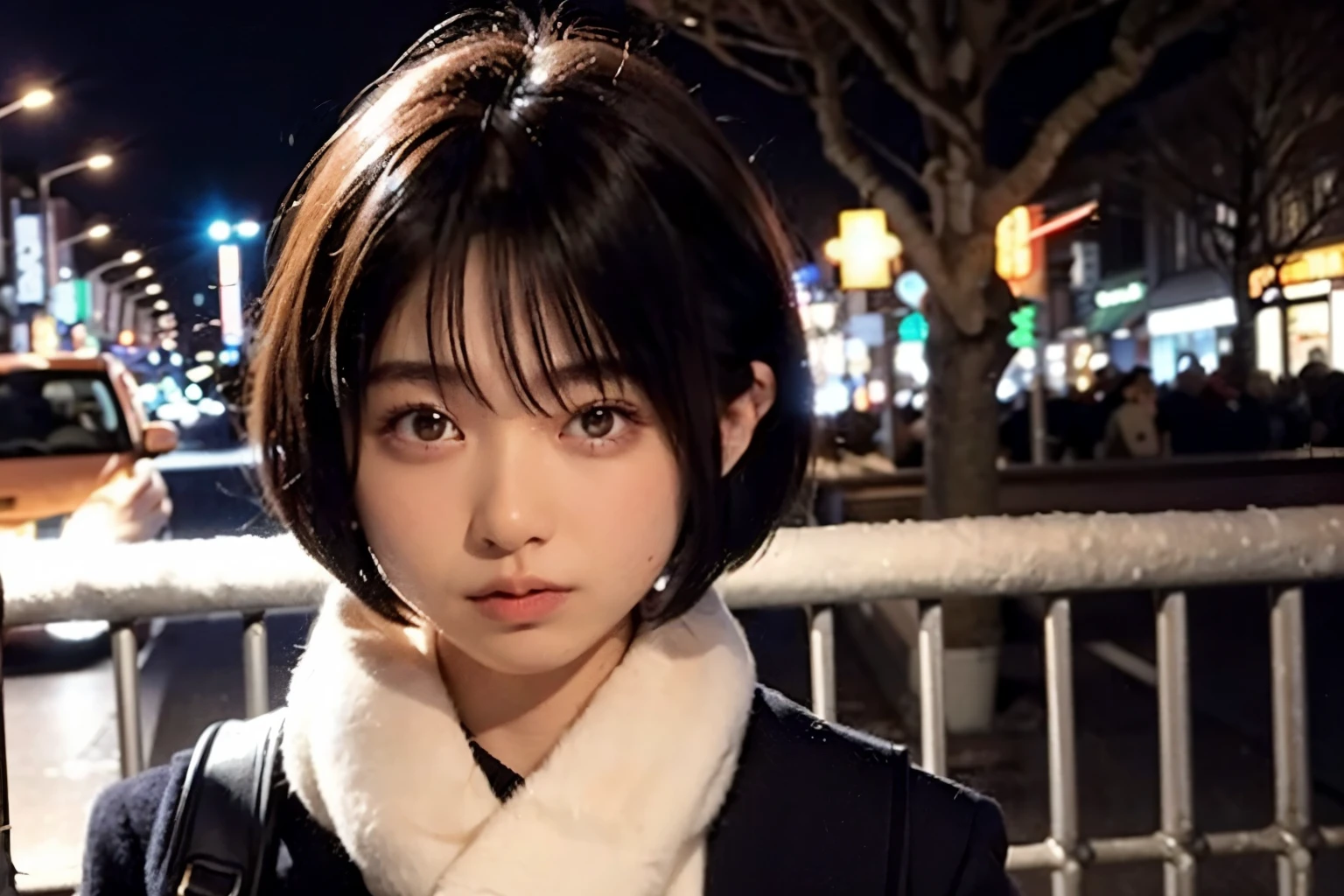 Realistic, 8k, Beautiful woman, Attractive look, Clear system, short hair, fluffy bob cut, 20-year-old, Tokyo, winter, Shibuya in the background