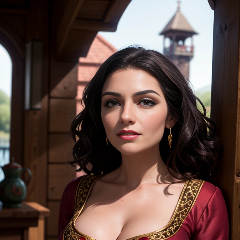 Masterpiece, best quality, detailed face, Mother Gothel, long red dress, brown hair, looking at viewer, sexy smirk, in a tower, close up, cow boy shot