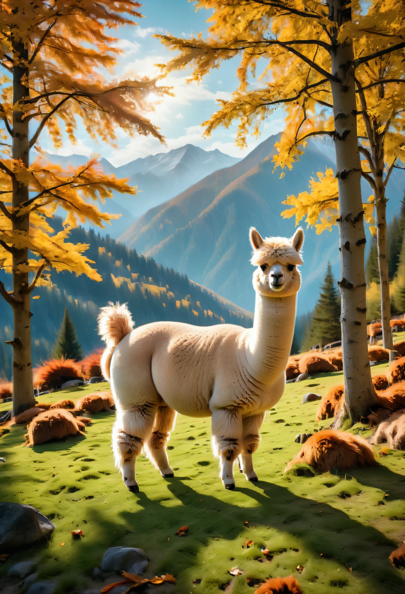 overall shot:1.4, (Masterpiece:1.5),(best quality:1.6), (Ultra-high resolution:1.4),((an alpaca, epically beautiful:1.5)), in the middle of the mountains at sunset:1.7)), landscape, vibrant colors, Sunrise, sun rays passing through the trees, leaves falling from the trees, dew on leaves and plants, clouds, (( magical, beautiful, otherworldly, trees:1.4 )), (( best quality, vibrant , 32K, clear and well-defined shadows, at night:1.6)).