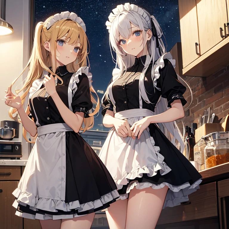 A group of maids, (in kitchen), various hair styles, harem, wearing maid uniform, night, details face, , short skirt, seducing, sleeveless , night, starry night