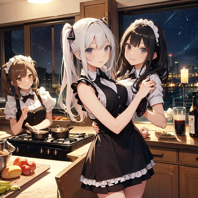 A group of maids, (in kitchen), various hair styles, harem, wearing maid uniform, night, details face, , short skirt, seducing, sleeveless , night, starry night