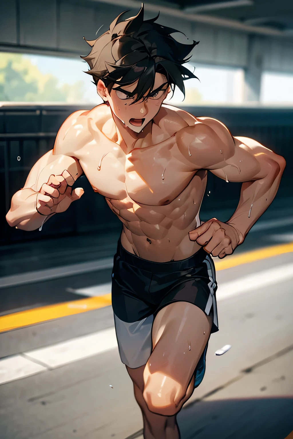 shirtless, super muscular, dripping with sweat, drenched with sweat, panting, 22-year old short black hair handsome caucasian male wearing sweat -drenched white running shorts and sneakers, running on the highway on a hot day, shirtless