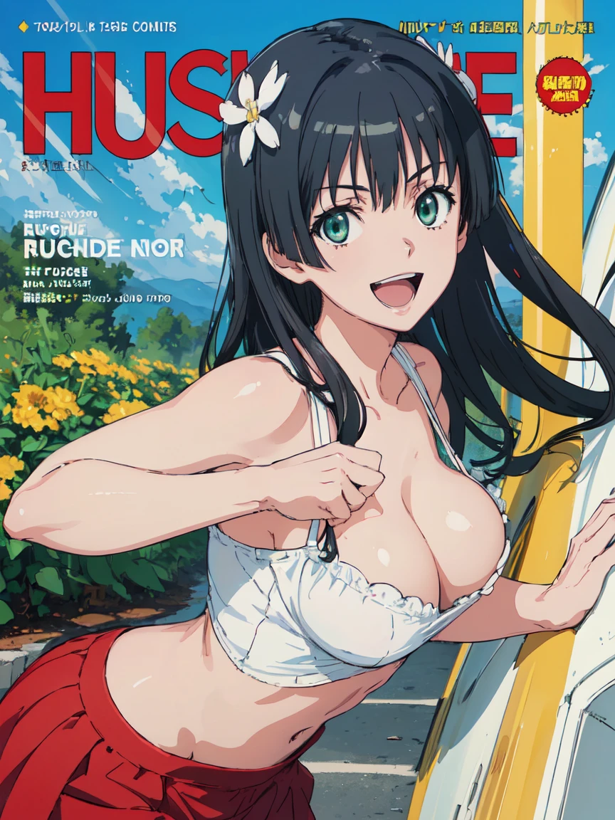 hustlercover, (High resolution:1.4), (masutepiece:1.2), (High quality:1.3) 1girl, saten ruiko, hair ornament, green eyes, long hair, black hair, small breast, huge smile. open mouth