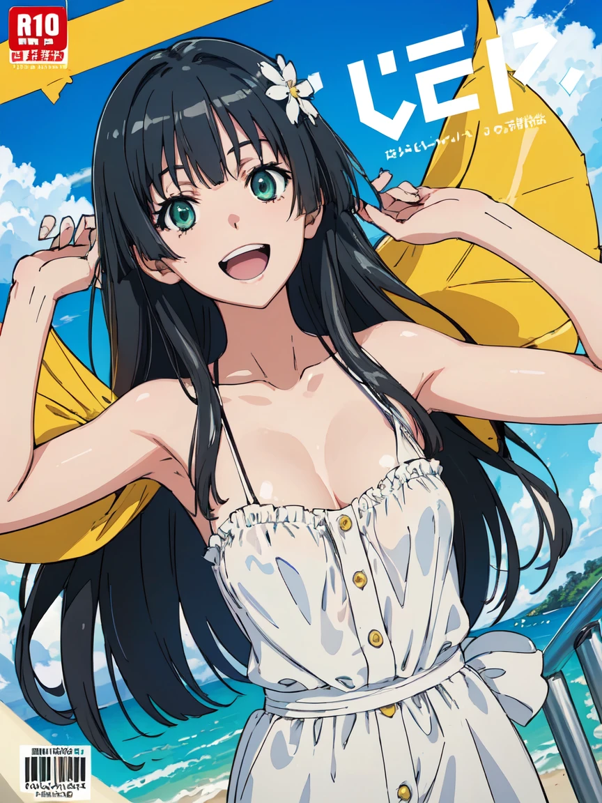 hustlercover, (High resolution:1.4), (masutepiece:1.2), (High quality:1.3) 1girl, saten ruiko, hair ornament, green eyes, long hair, black hair, small breast, huge smile. open mouth