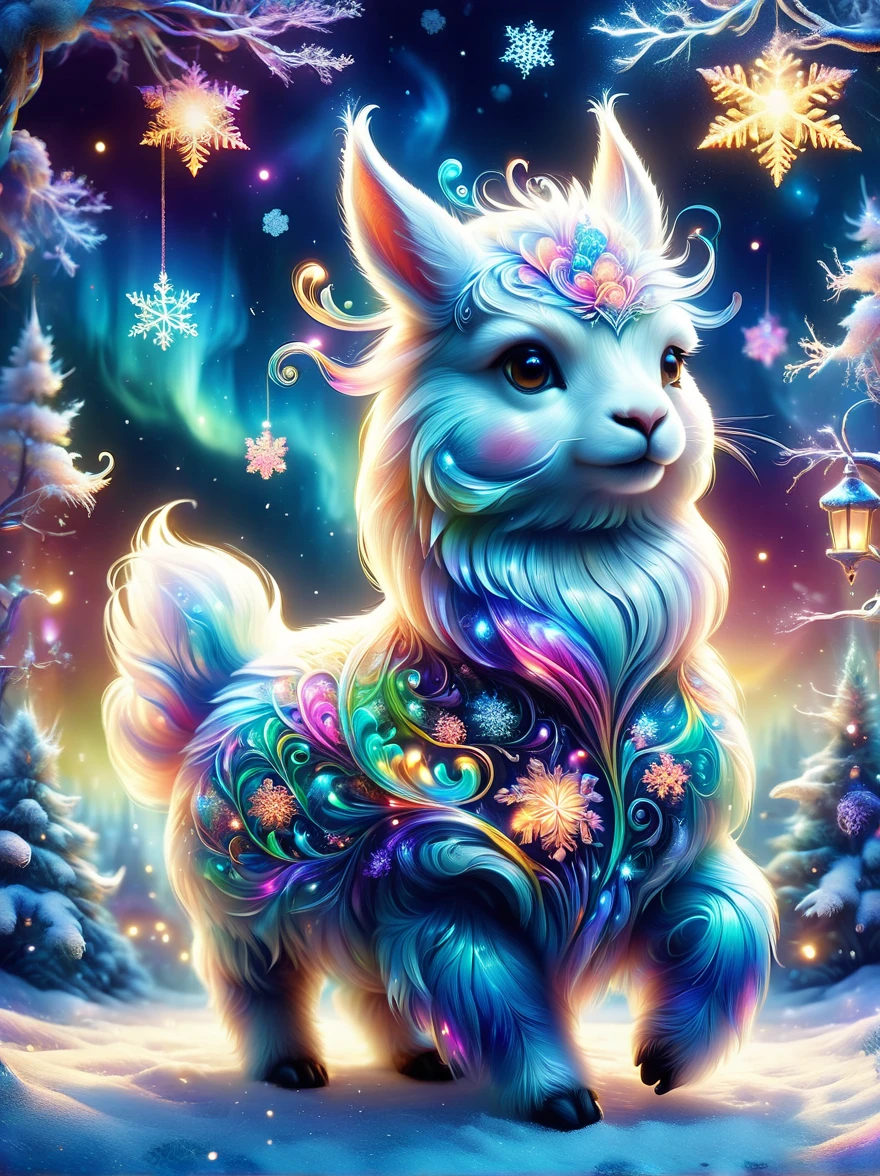 (best quality, 8k, high resolution, masterpiece:1.2), Vibrant colors, magical atmosphere, whimsical, ((1 cute alpaca, Rolling and playing in the beautiful snow，Snowing，snowflake，Snow White)), Surreal, Psychedelic, Intricate details, Beautiful texture, ethereal, Like a dream, Soft shine, Charming pattern, fantasy creatures, hidden surprise, Fantastic snowscape, Surreal color palette, Mysterious atmosphere, Surrealism, fascinating journey, Psychedelic之旅, vivid imagination, Immersive experience, Mysterious creature, Charming, glow path, Snow White照亮了北极森林, Surreal sky, whimsical scenery, Wonderful encounter in the snow, Fascinating snow art