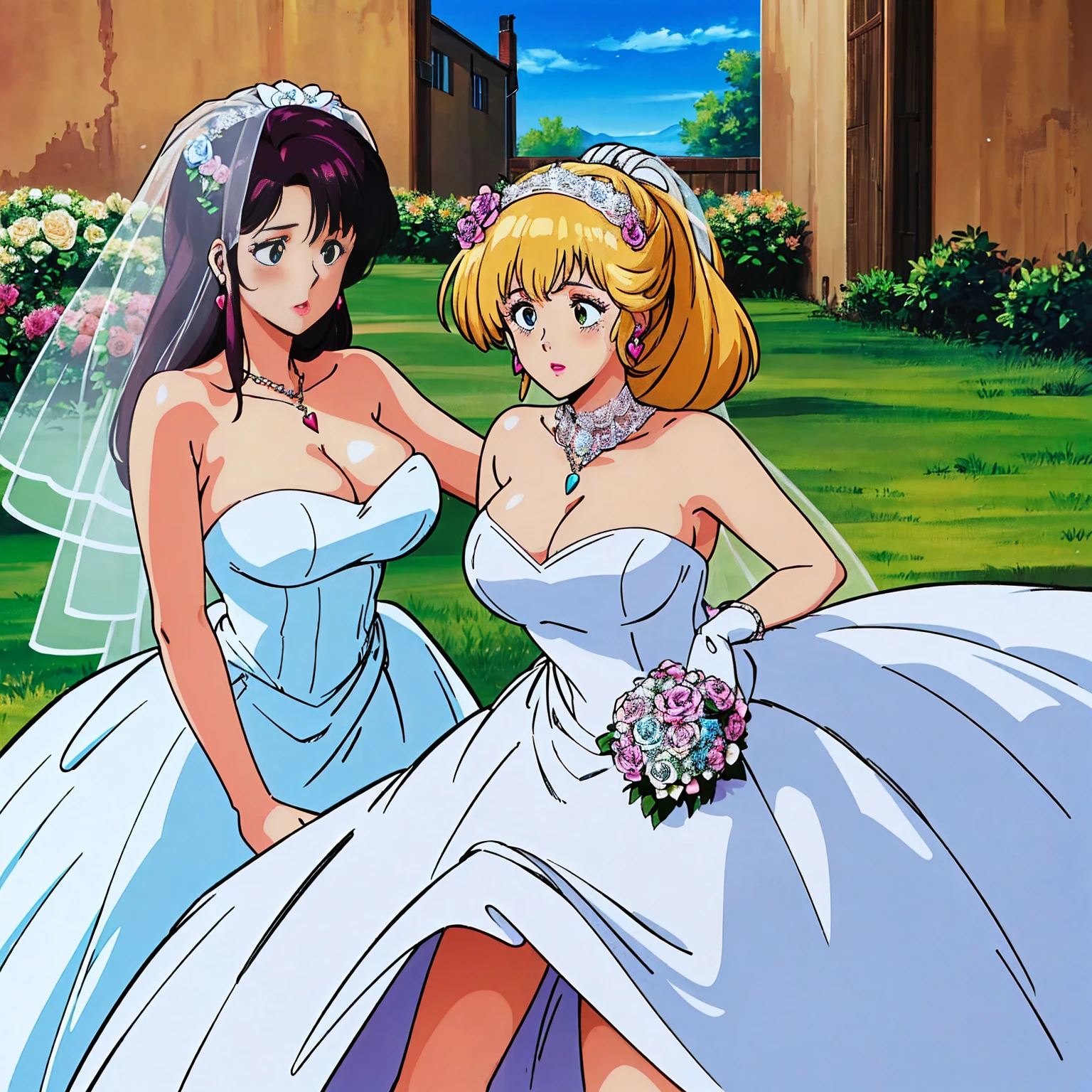 best quality,cityhunt3er, ponytail, Gurwitz, pillory, Head flail, hand flail, flail，(bridal veil:1.5), (short sheer veil：1.5) Blushing face, Head flower，headgear, (tube top wedding dress：1.5），（Silk dress：1.2）,（Strapless wedding dress：1.5）,Bouquet,pure white dress，necklace，earrings，(large :1.3)，Deep V peach heart collar wedding dress，Bangs，lipstick，（lace gloves：1.3) ,Bust photo, High detail RAW color art, Tyndall phenomenon