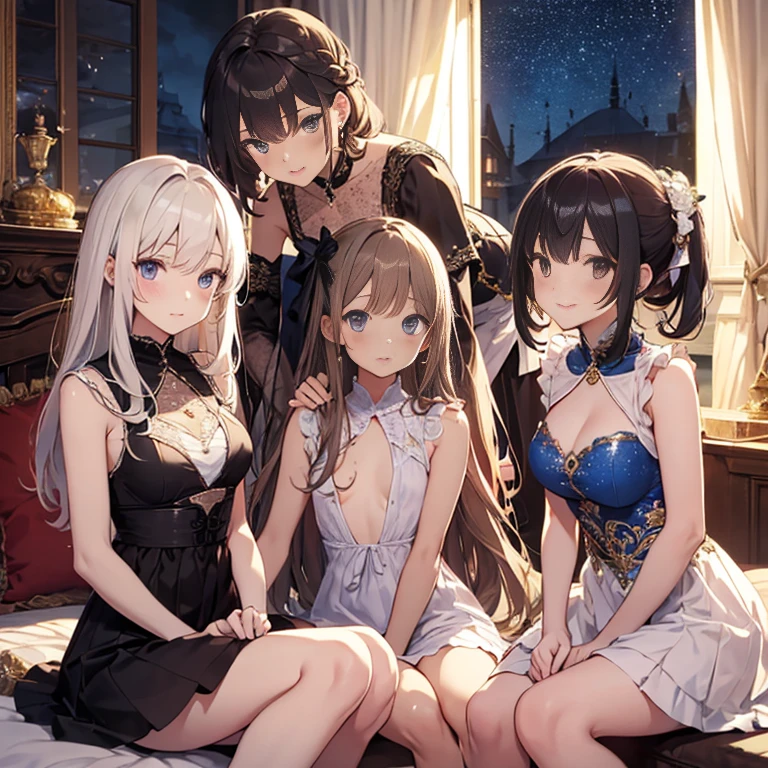 A group of young princesses, (in bedroom), various hair styles, harem, wearing royal dress, night, details face, , short skirt, seducing, sleeveless , showing armpits, night, starry night