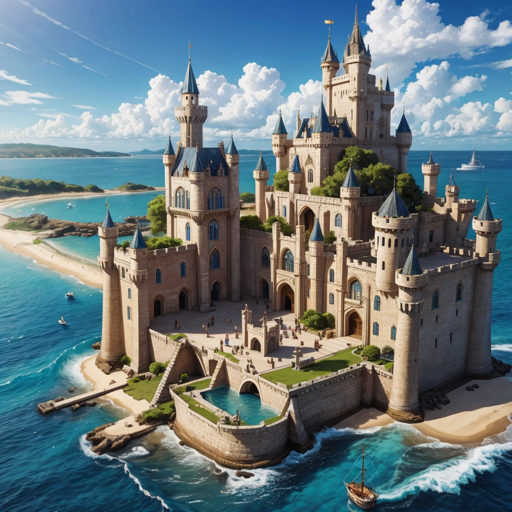 The Merrin Kingdom is a unique empire that spans across both the sea and land. It boasts an impressive castle and palace area constructed of sandstone, coral, and gemstones. The Kingdom is known for its huge ship building industry, and huge ship dock. The kingdom is built half on land, and half in the sea. It is a medieval and fantasy palace. This is a pirate kingdom. There are lots of pirates. The villages in this kingdom are built very close together. There are sandstone pathways in this large, expansive kingdom. This is a slightly poor kingdom due to the vast amount of pirates. Ships are docked as far as the eye can see. The palace is on land but the rest of the empire leads into the salty sea.