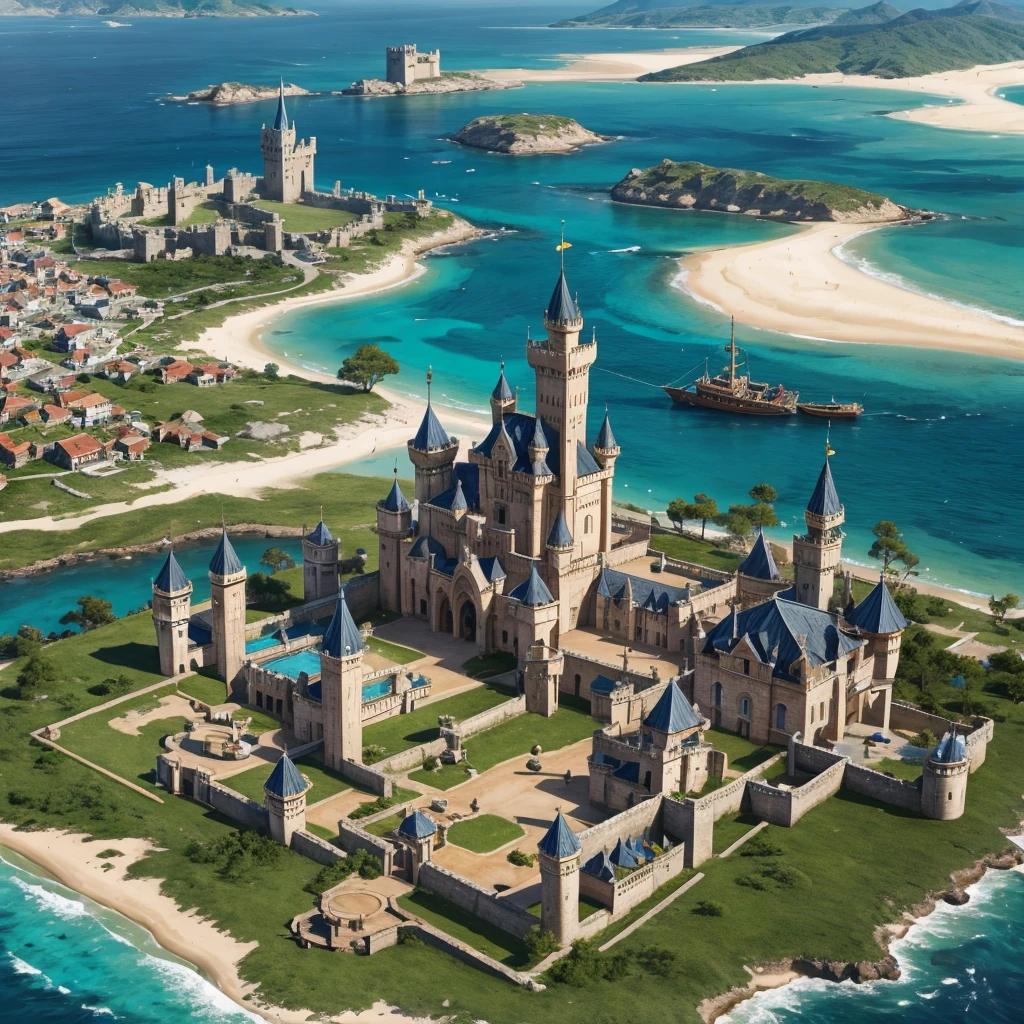 The Merrin Kingdom is a unique empire that spans across both the sea and land. It boasts an impressive castle and palace area constructed of sandstone, coral, and gemstones. The Kingdom is known for its huge ship building industry, and huge ship dock. The kingdom is built half on land, and half in the sea. It is a medieval and fantasy palace. This is a pirate kingdom. There are lots of pirates. The villages in this kingdom are built very close together. There are sandstone pathways in this large, expansive kingdom. This is a slightly poor kingdom due to the vast amount of pirates. Ships are docked as far as the eye can see. The palace is on land but the rest of the empire leads into the salty sea. 