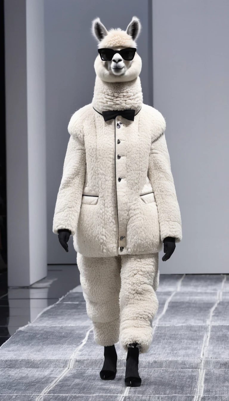 an anthropomorphic alpaca ,Fashion runway,Full body,alpaca Wearing Wearing Chanel men's clothing and shoes, high-end design style,A tall physique,Milan Fashion Show,Pure gray mirrored texture flooring,anthropomorphic,high-end feel,Long Shot,Full body,Dynamic capture of runway shows,16K