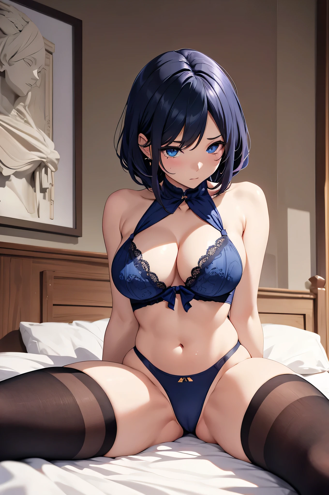 最high quality、best image quality、masterpiece、Curvy but thin body、perfect eyes, perfect face,The exact number of fingers、Exact number of legs、The exact number of armatures((bust 180:1.8)),beautiful blue eyes、1 girl:4.0、milking(Own),expose one&#39;s chest,beautiful nipples、beautiful big breasts(erect nipples:1)、sexy look、big breasts, 、black stockings、light blue short hair（inwardly curled hair）、thin、((Wearing only sexy navy underwear 1.8)),from head to calf、black wristband on wrist、Golden star-shaped hair ornament、Golden Necklace、red face、Slippery texture)）high quality、beautiful art、With background((bed)))、((open your legs:1.8、raise both legs:1.8,Own your thighs:1.8,lie down on the bed:1.8)),visual art、written boundary depth、One earring in each ear、mole under eye、beautiful thighs 