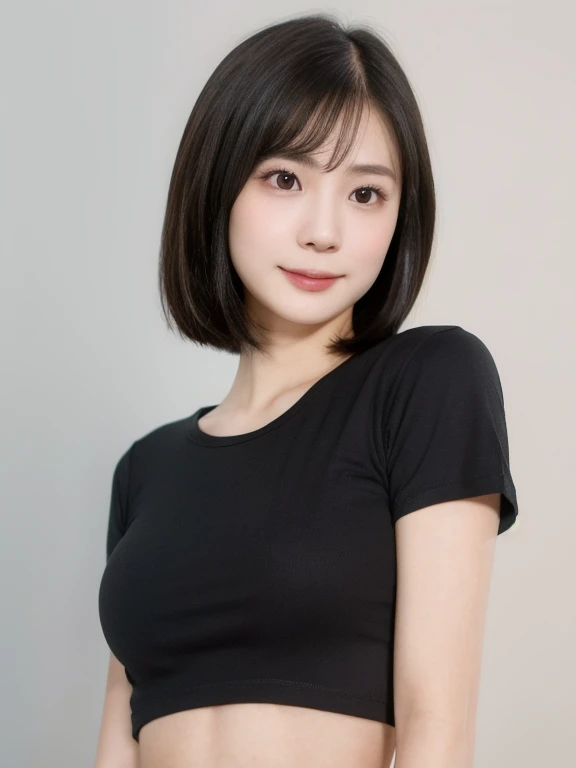 (kawaii 24 year-old Japanese girl, Nogizaka idol, Korean idol), (glossy black hair, messy very short hair, messy pixie cut, symmetric hair length, even length hair edges:1.3), (forehead), (extra rounded face, black eyes, single eyelid, no makeup, soft smiling:1.2), (wearing light blue t-shirt:1.3), (flat chest, extra small breasts:0.8), (looking at viewer:1.2), BREAK, (simple white background:1.3), (angle from below, portrait:1.3), BREAK, (masterpiece, best quality, photo realistic, official art:1.4), (UHD, 8K quality wallpaper, high resolution, raw photo, golden ratio:1.2), (shiny skin), professional lighting, physically based rendering, award winning, (perfect anatomy, highly detailed skin, extremely detailed face and eyes), Carl Zeiss 85 mm F/1.4, depth of field, 1girl, solo,