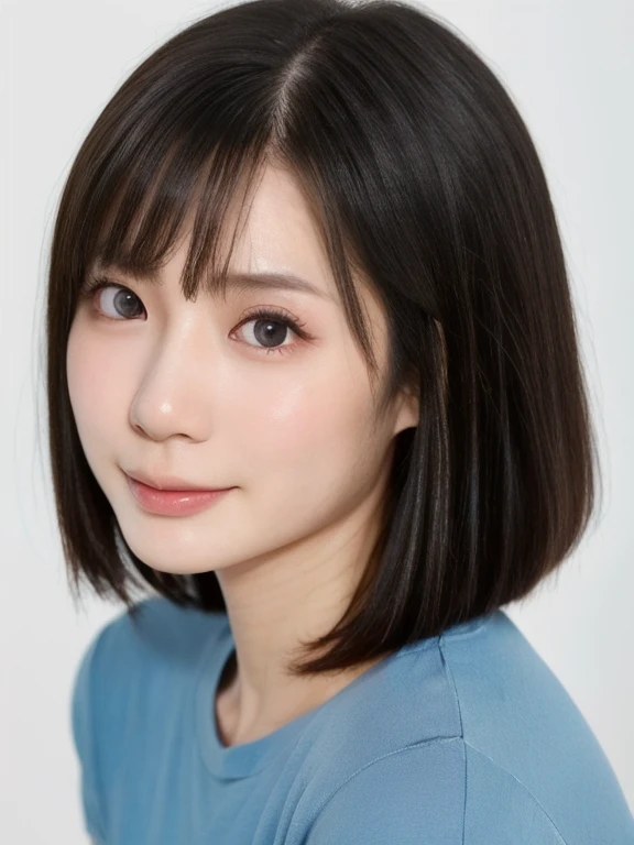 (kawaii 24 year-old Japanese girl, Nogizaka idol, Korean idol), (glossy black hair, messy very short hair, messy pixie cut, symmetric hair length, even length hair edges:1.3), (forehead), (extra rounded face, black eyes, single eyelid, no makeup, soft smiling:1.2), (wearing light blue t-shirt:1.3), (flat chest, extra small breasts:0.8), (looking at viewer:1.2), BREAK, (simple white background:1.3), (angle from below, portrait:1.3), BREAK, (masterpiece, best quality, photo realistic, official art:1.4), (UHD, 8K quality wallpaper, high resolution, raw photo, golden ratio:1.2), (shiny skin), professional lighting, physically based rendering, award winning, (perfect anatomy, highly detailed skin, extremely detailed face and eyes), Carl Zeiss 85 mm F/1.4, depth of field, 1girl, solo,