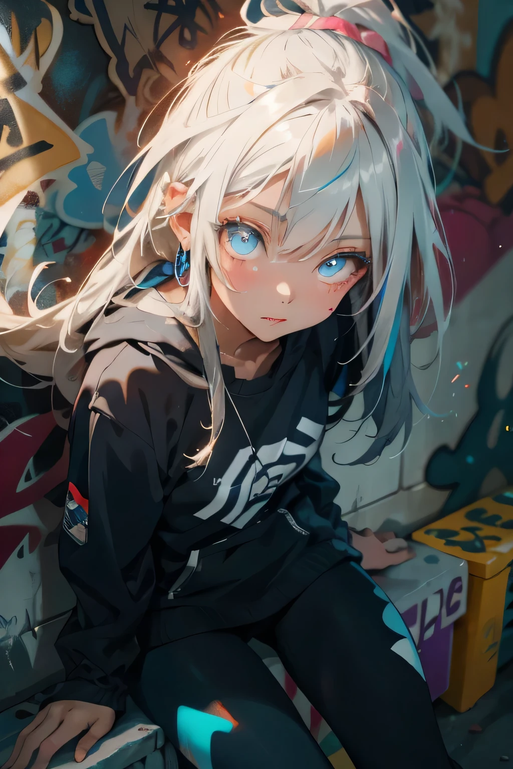 make realistic,(nmasterpiece,top Quority,best qualtiy,offcial art),ighly detailed,Colorful,best detailed,fairy chalet,Broad background,Kamimei,length hair,cabelos preto e longos,Beautiful woman、(masterpiece:1.2、top-quality)、(graffiti wall:1.2)、1lady、Beanie、jaket、leggins、blue eyess、full bodyesbian、