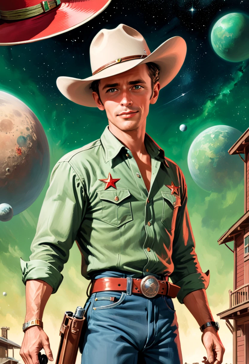 comic book's cover, Comic book cover about space cowboys, 1 Amazing story of cowboy hat style, 1940s 1950s, Red and Green, comic art, Realistic scenes, Romanticized Realism Dynamics