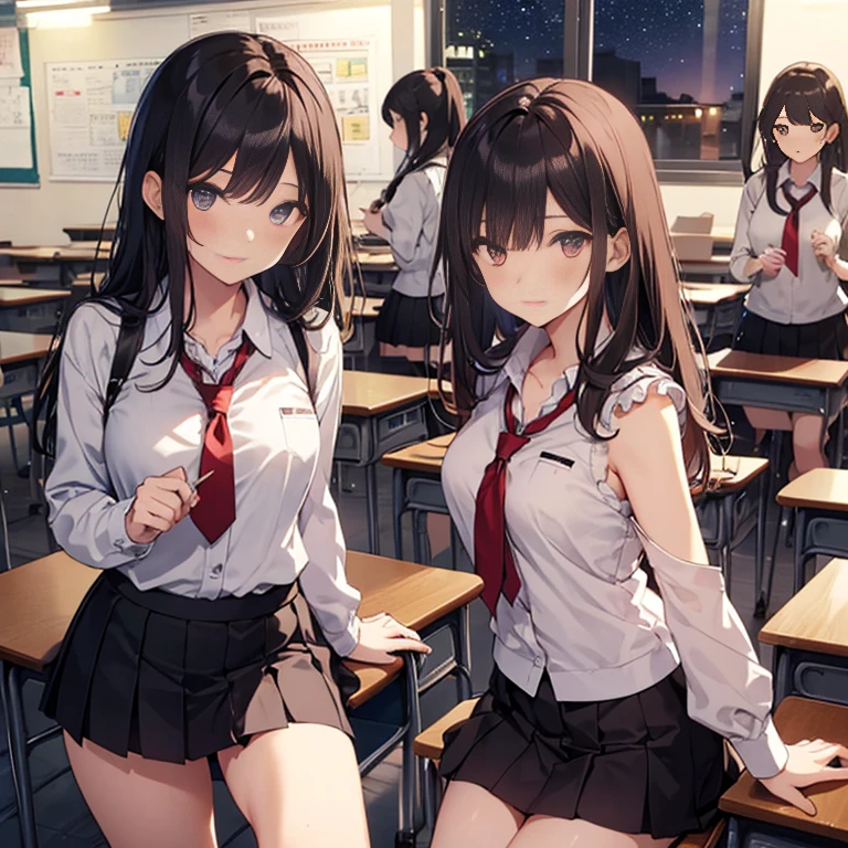 A group of female students, (in classroom), various hair styles, harem, wearing , night, details face, , short skirt, seducing, sleeveless , night, starry nights, school attires