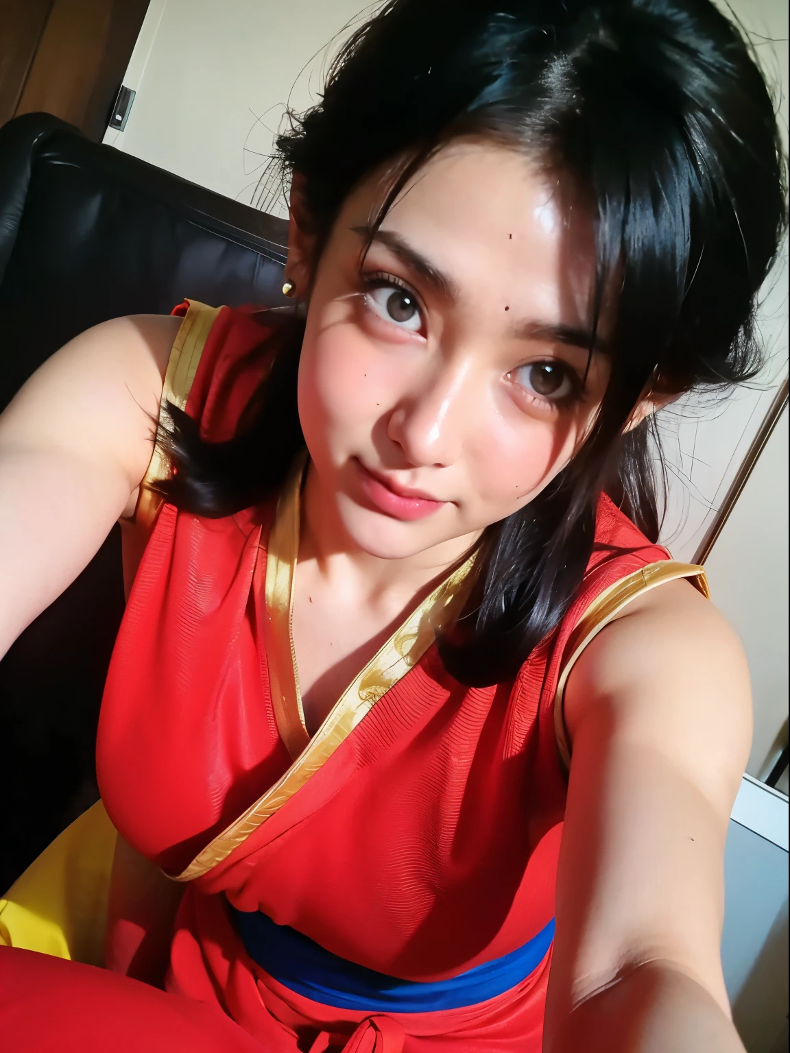 Chi-Chi wife of Goku, (masterpiece, best quality:1.2), 1girl, solo, looking at viewer, beautifull smile, (european youth:1), dragon ball, blmshort, (black hair:1.3), long hair, earrings, jewelry, (red dress), medium breasts, yellow scarf, (yellow scarf:1), short dress, sleeveless, medium breasts,   beautiful face, highly detailed face, highly detailed skin, highly detailed eyes, skin pores, subsurface scattering, realistic pupils, medium breast, full face blush, full lips, detailed background, depth of field, volumetric lighting, sharp focus, absurdres, realistic proportions, good anatomy, (realistic, hyperrealistic:1.2), 16k hdr, , show nipples in medium breasts, show vagina, wide open legs:1.5, spread legs.