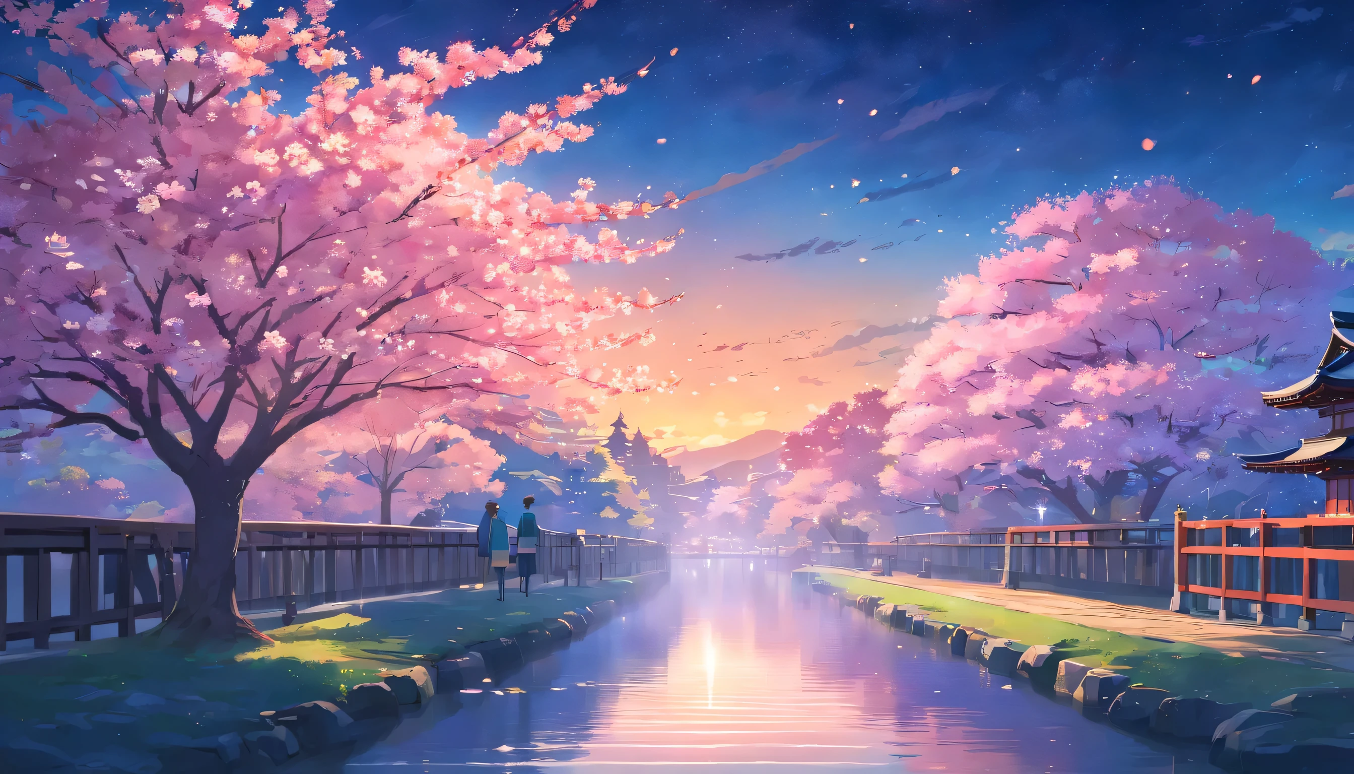 Cherry tree in full bloom，Beautiful night sky，Japanese garden，landscape，no one，masterpiece