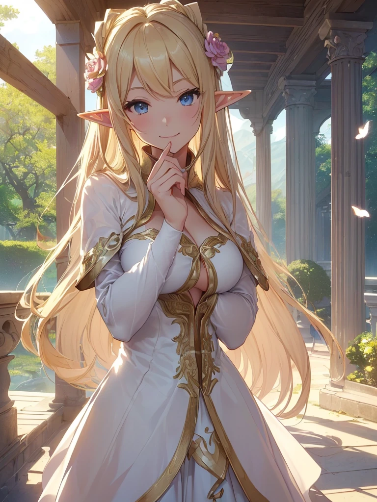 最high quality、Best image quality、masterpiece、Beautiful Face、、Titania、intense dance、Dynamic Movement、both hands、stretching both legs、ballet、Super beautiful elf girl((22 year old office lady big bust、Bust 90,Beautiful long ironed hair、blonde、height: 165cm。thin、Beautiful dress、cowboy shot,、marble columns、bridge、terrace、Esbian、high quality、美しいart、、ビジュアルart、Depth of written border、、Elf Ears、、Happy smile、穏やかなLight、Beautiful views、Vision、spring、landscape、hill、青null、Distant Mountain、elegant、ticker beautiful decorative、、、mystery的な、、Light、　null、art、Lord of the Ring、壮観なlandscape、sexy、A friendly smile、wonderful、Fluttering petals、Flower Field、nature、space magic、魔法のLight、Fantasy、super REALITYa lotの薔薇、Grow 、、mysteryのLight、Art Nouveau、Alphonse　a lot、、art、art,mystery,UHD,magic algentle light,sexy