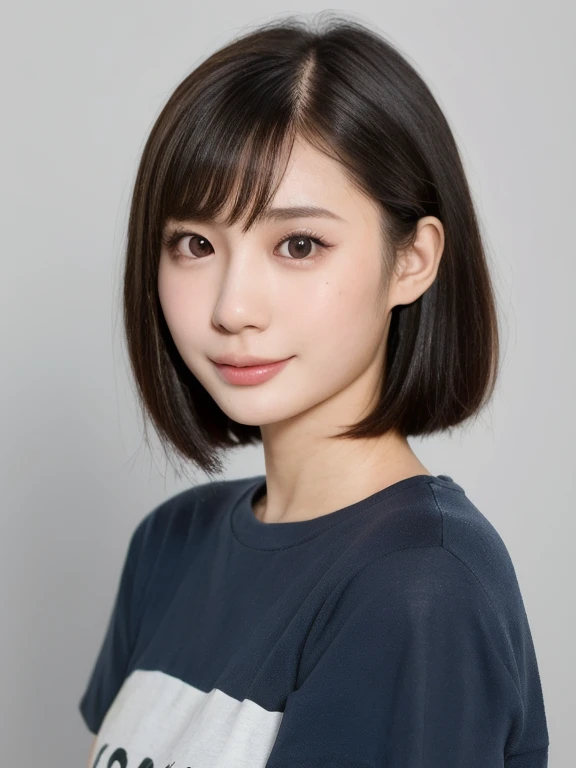 (kawaii 24 year-old Japanese girl, Nogizaka idol, Korean idol), (glossy black hair, messy very short hair, messy pixie cut, symmetric hair length, even length hair edges:1.3), (forehead), (extra rounded face, black eyes, single eyelid, no makeup, soft smiling:1.2), (wearing light blue t-shirt:1.3), (flat chest, extra small breasts:0.8), (looking at viewer:1.2), BREAK, (simple white background:1.3), (angle from below, portrait:1.3), BREAK, (masterpiece, best quality, photo realistic, official art:1.4), (UHD, 8K quality wallpaper, high resolution, raw photo, golden ratio:1.2), (shiny skin), professional lighting, physically based rendering, award winning, (perfect anatomy, highly detailed skin, extremely detailed face and eyes), Carl Zeiss 85 mm F/1.4, depth of field, 1girl, solo,