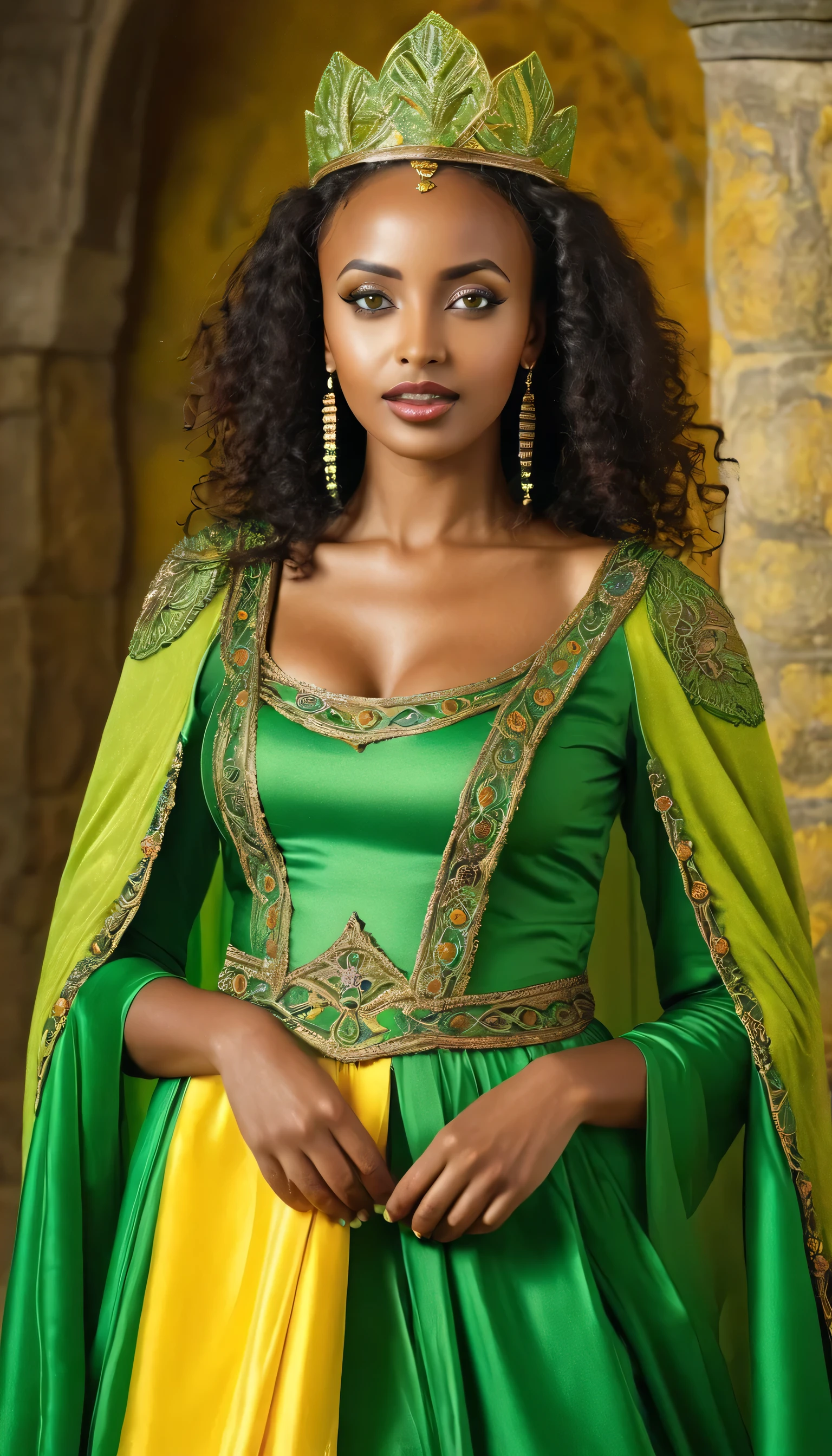 create a beautiful Ethiopian woman in a green and yellow queen costume, medieval background