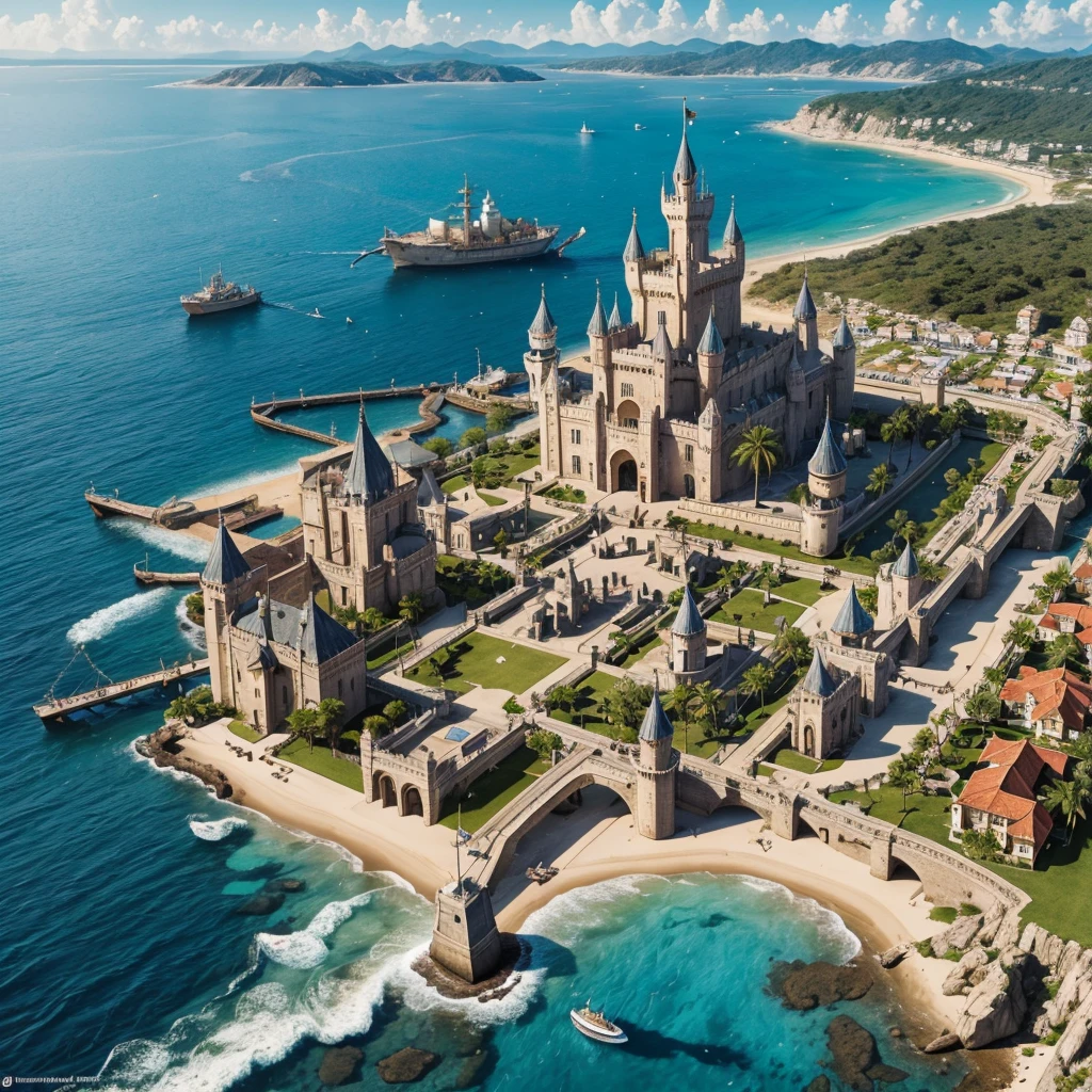 The Merrin Kingdom is a unique empire that spans across both the sea and land. It boasts an impressive castle and palace area constructed of sandstone, coral, and gemstones. The Kingdom is known for its huge ship building industry, and huge ship dock. The kingdom is built half on land, and half in the sea. It is a medieval and fantasy palace. This is a pirate kingdom. There are lots of pirates. The villages in this kingdom are built very close together. There are sandstone pathways in this large, expansive kingdom. This is a slightly poor kingdom due to the vast amount of pirates. Ships are docked as far as the eye can see. The palace is on land but the rest of the empire leads into the salty sea. There are a lot of palm trees everywhere. The streets in this kingdom are always lit up with stringed lights and dancing. This is a party filled kingdom.