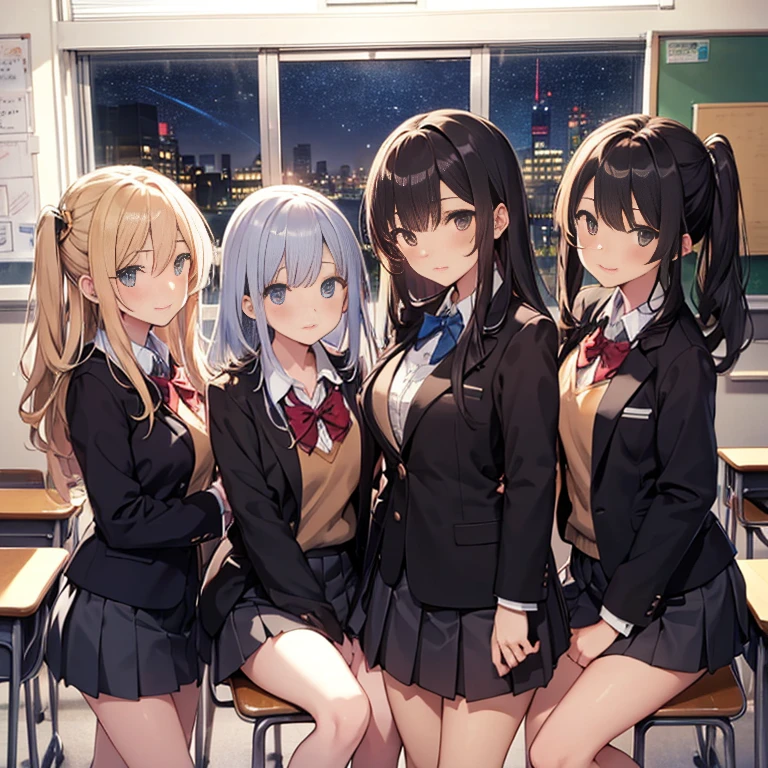 A group of female students, (in classroom), various hair styles, harem , night, details face, , short skirt, seducing, night, starry nights, school attires