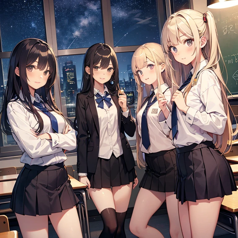 A group of female students, (in classroom), various hair styles, harem , night, details face, , short skirt, seducing, night, starry nights, school attires