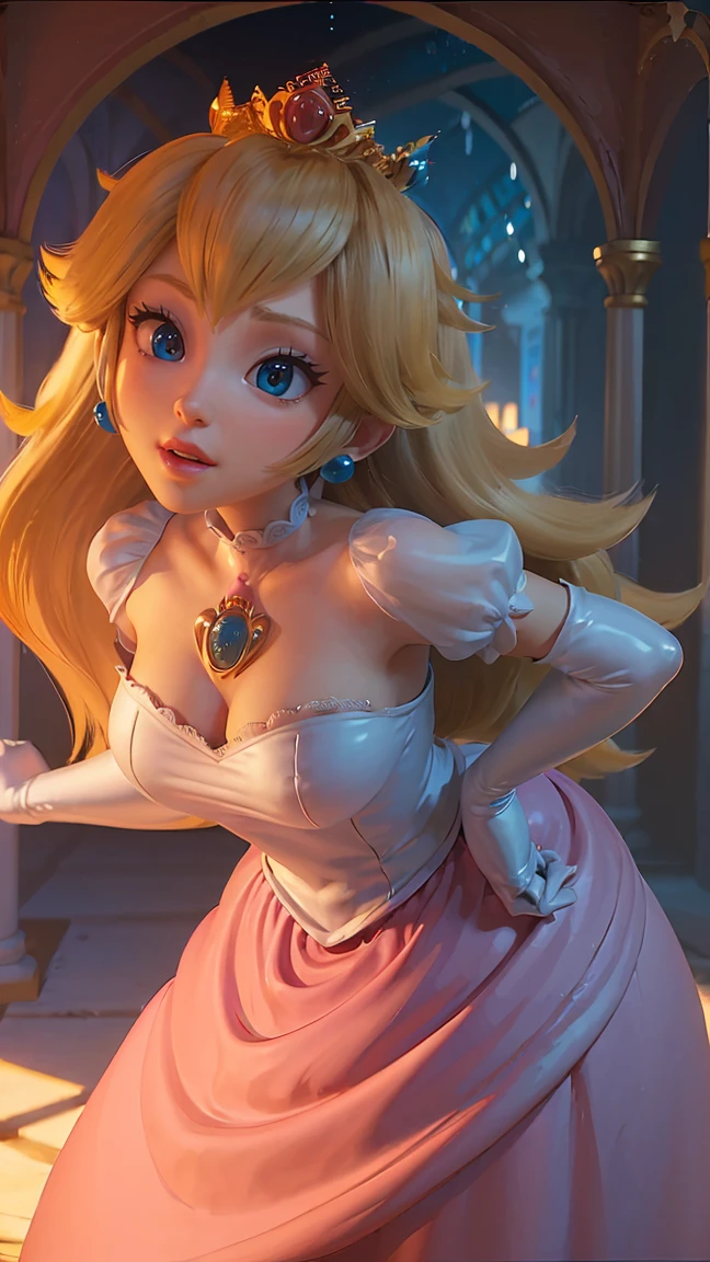 Princesa Peach \(Mario Bros\), (Ela tem grandes ojos azuis brilhantes), (pele clara), (piel realista), (Labios brillantes y rosados), (((pero largo rubio y liso))), (Las sombras oscuras componen), ((pechos muy enormes, Rosa )), (muslos gruesos), (Cuerpo delgado perfecto), (corona), ((Sexy posing in princess peach's castle)), (parte maestra, High Definition, Volumetric lights and dynamic part of Shadowmaster.)), (8k), (cara perfecta), (Ultra detalles) (manos perfectas, ojo, y cara), ((sonrisa sexy)),
