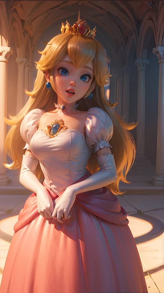 Princesa Peach \(Mario Bros\), (Ela tem grandes ojos azuis brilhantes), (pele clara), (piel realista), (Labios brillantes y rosados), (((pero largo rubio y liso))), (Las sombras oscuras componen), ((pechos muy enormes, Rosa )), (muslos gruesos), (Cuerpo delgado perfecto), (corona), ((Sexy posing in princess peach&#39;s castle)), (parte maestra, High Definition, Volumetric lights and dynamic part of Shadowmaster.)), (8k), (cara perfecta), (Ultra detalles) (manos perfectas, ojo, y cara), ((sonrisa sexy)),