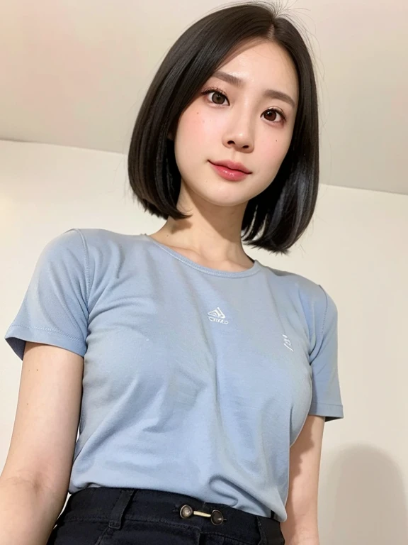 (kawaii 24 year-old Japanese girl, Nogizaka idol, Korean idol), (glossy black hair, messy very short hair, messy pixie cut, symmetric hair length, even length hair edges:1.3), (forehead), (extra rounded face, black eyes, single eyelid, no makeup, soft smiling:1.2), (wearing light blue t-shirt:1.3), (flat chest, extra small breasts:0.8), (looking at viewer:1.2), BREAK, (simple white background:1.3), (angle from below, portrait:1.3), BREAK, (masterpiece, best quality, photo realistic, official art:1.4), (UHD, 8K quality wallpaper, high resolution, raw photo, golden ratio:1.2), (shiny skin), professional lighting, physically based rendering, award winning, (perfect anatomy, highly detailed skin, extremely detailed face and eyes), Carl Zeiss 85 mm F/1.4, depth of field, 1girl, solo,