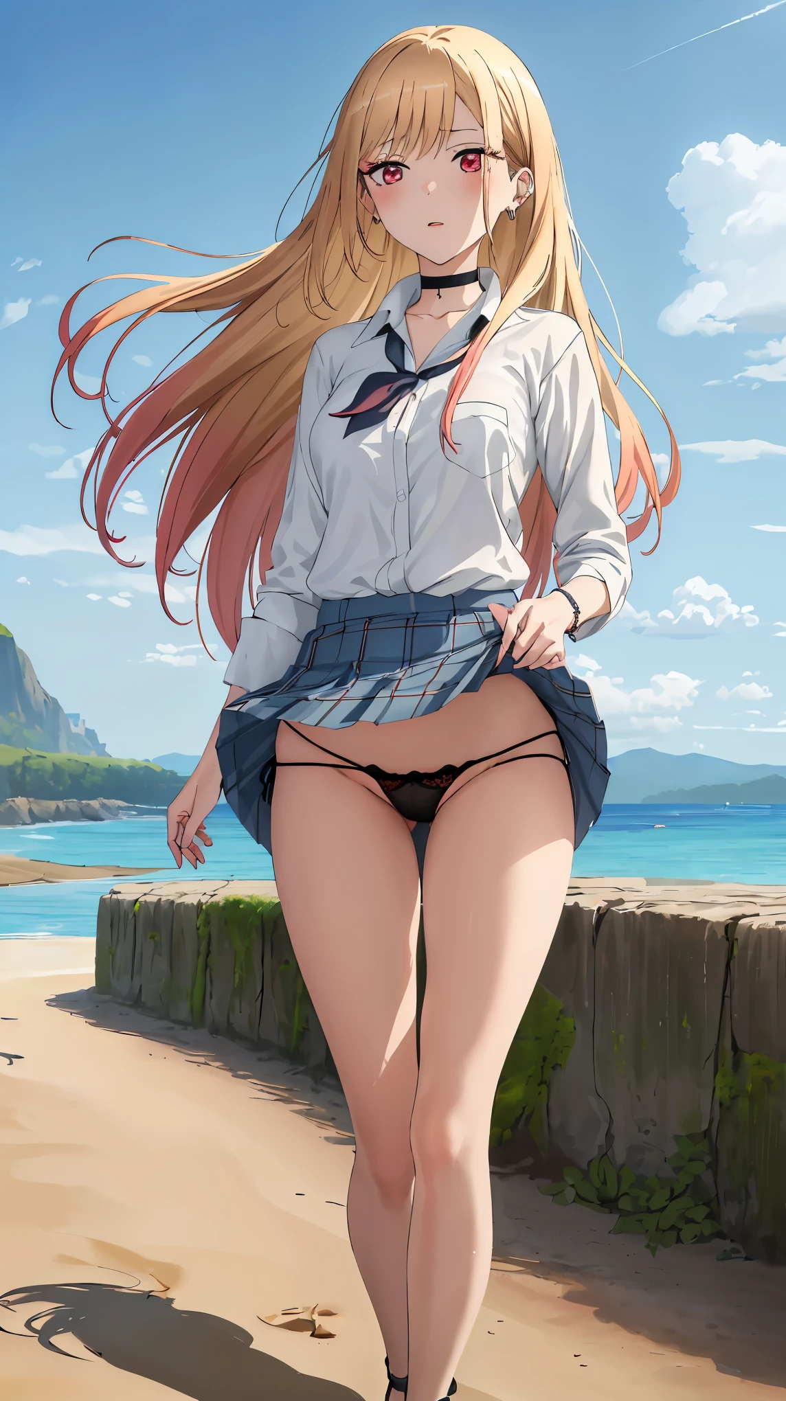 masterpiece, highest quality, High resolution, kitagawa marin sb, 1 girl, blonde, Long Hair, Colorful Hair, Red eyes, jewelry, Earrings, Earrings, , White shirt, Tied Shirt, black choker, Blue tie, Check skirt, (whole body), lace black panties,(Showing panties:1.3), (running), (Sandals), Outdoor, Beach, Wave, Water Play