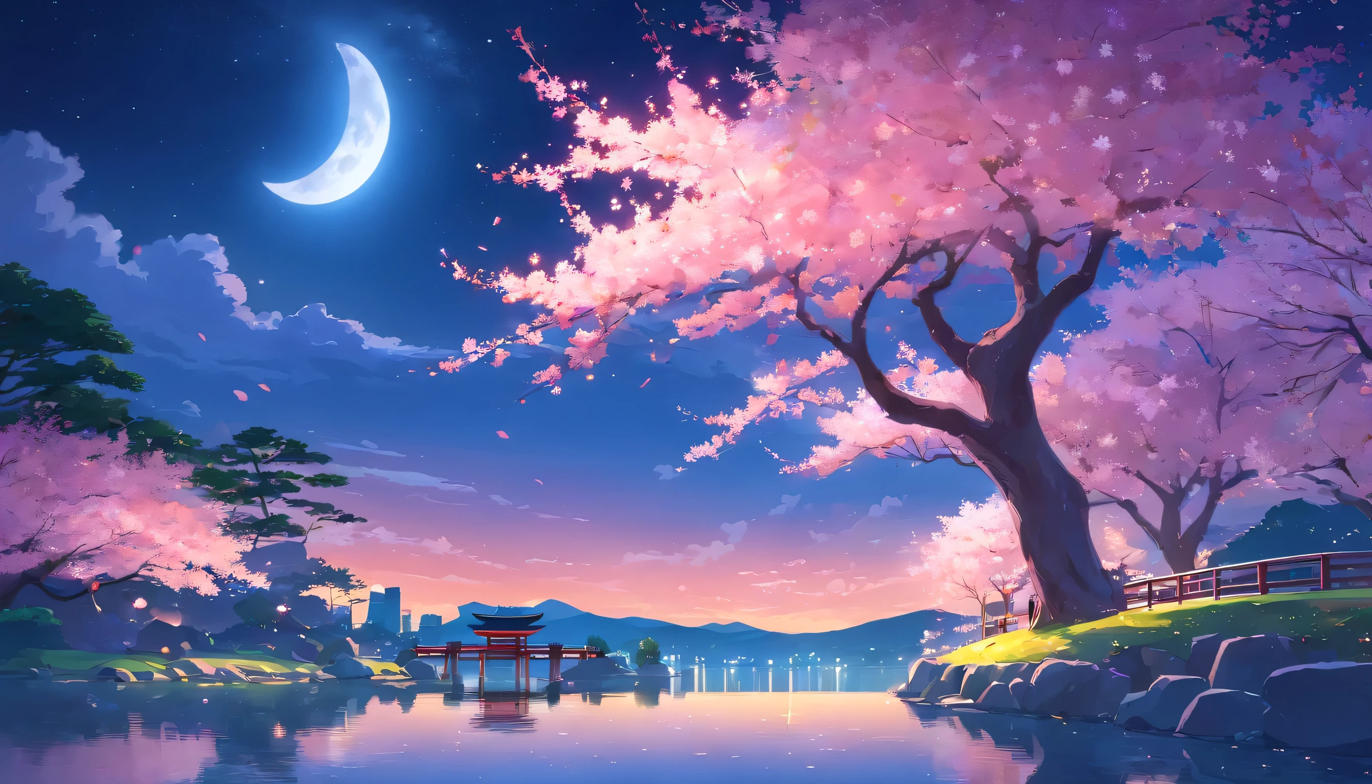 【Masterpiece】Japanese garden,Cherry tree in full bloom,Beautiful night sky,Crescent Moon,