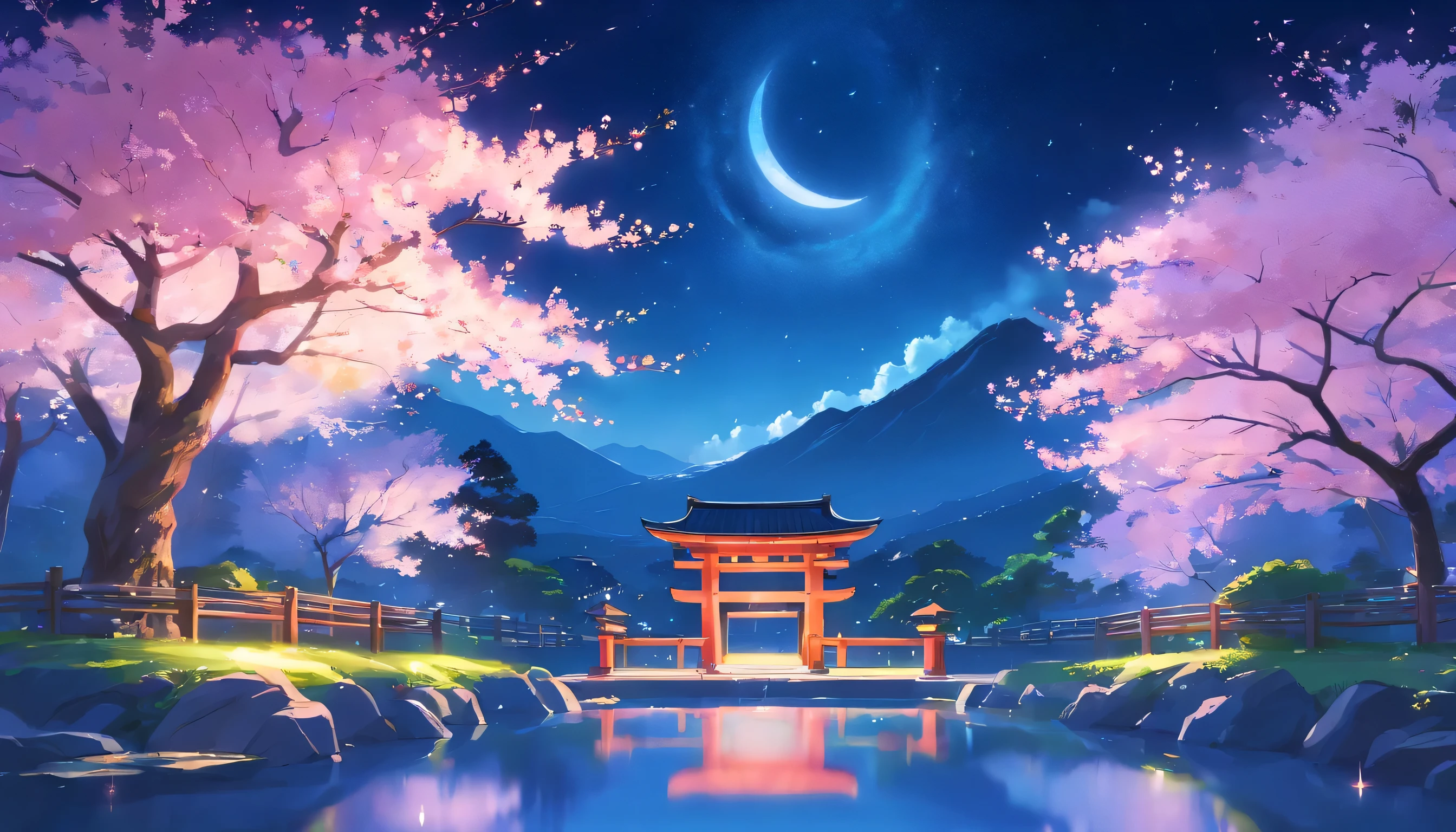 【Masterpiece】Japanese garden,Cherry tree in full bloom,Beautiful night sky,Crescent Moon,