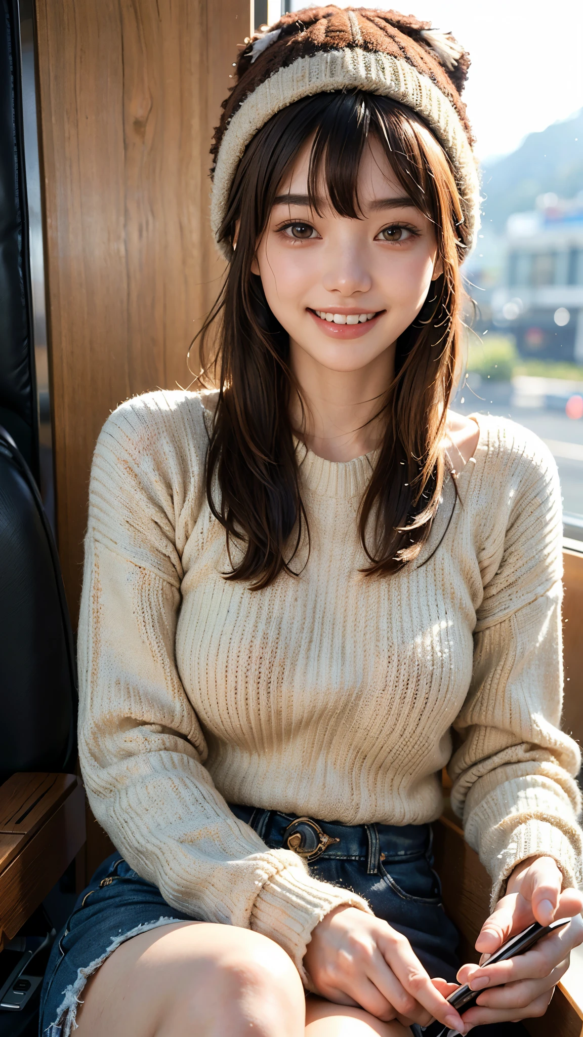 highest quality, masterpiece, Ultra-high resolution, (Realistic:1.4), (close portrait) Raw photo, 1 girl,20-year-old,((Inside the Shinkansen)),((Wireless Earphones)),((Staring at smartphone screen)),,((Asian Fashion)),Messy Hair,((Cool knit hat, chestnut-colored hair)),((Bangs short hair)),Realistic,picture media chest)),((Toothy smile)),((Big smile))