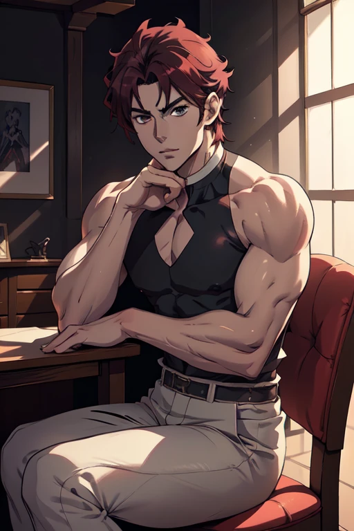 A handsome anime male seated on a chair with his hand on his jaw, striking a handsome anime pose, inspired by Bian Shoumin's style, in an official illustration, in Shigenori Soejima's illustration style, a handsome male anime portrait, a Demon Slayer handsome character artwork, an official character illustration, a young anime boy, a delicate and androgynous prince, in an official character art, an extremely intricate fan art. (best quality,4k,8k,highres,masterpiece:1.2), ultra-detailed, (realistic,photorealistic,photo-realistic:1.37), HDR, UHD, studio lighting, ultra-fine painting, sharp focus, physically-based rendering, extreme detail description, professional, vivid colors, bokeh, anime style, portraits, inspired color palette, soft lighting.