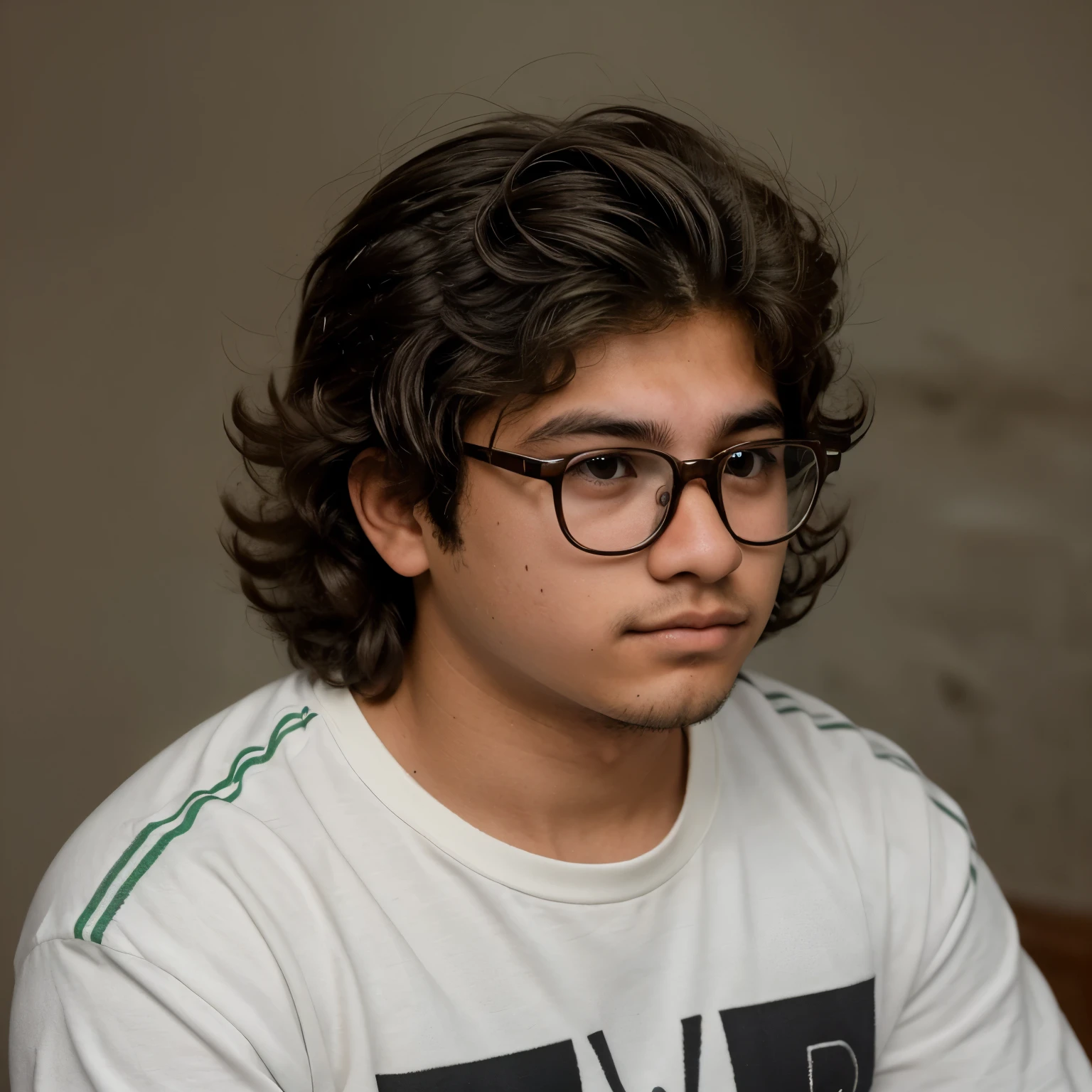 Mexican Teenager profile boy with fluffy hair cute face and glasses