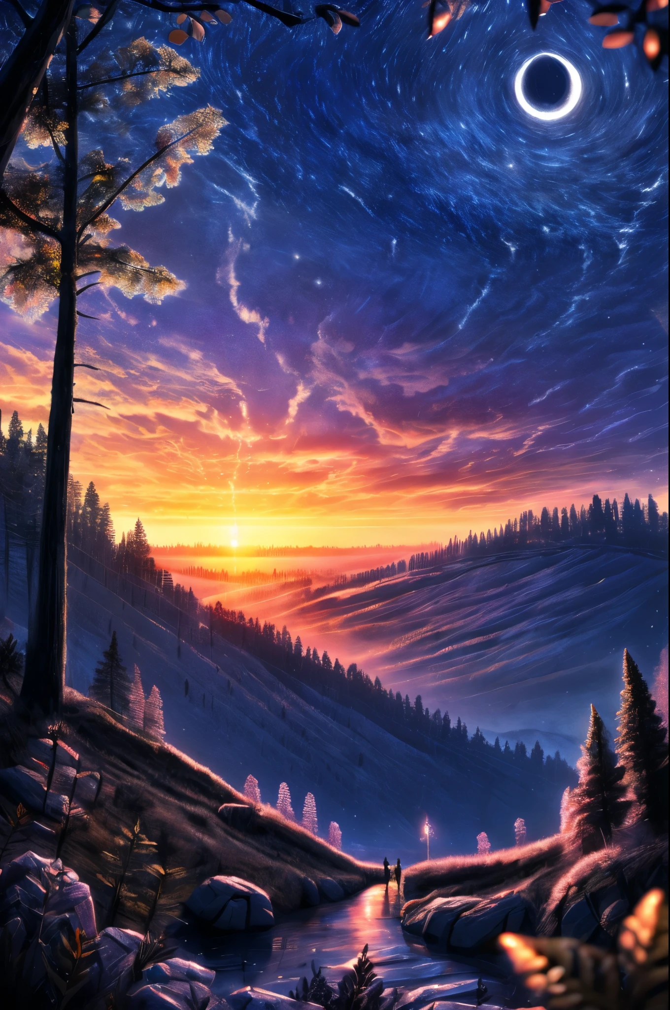 overall shot:1.4, (Masterpiece:1.5),(best quality:1.6), (Ultra-high resolution:1.4),((an alpaca, epically beautiful:1.5)), in the middle of the mountains at sunset:1.7)), landscape, vibrant colors, Sunrise, sun rays passing through the trees, leaves falling from the trees, dew on leaves and plants, clouds, (( magical, beautiful, otherworldly, trees:1.4 )), (( best quality, vibrant , 32K, clear and well-defined shadows, at night:1.6)).